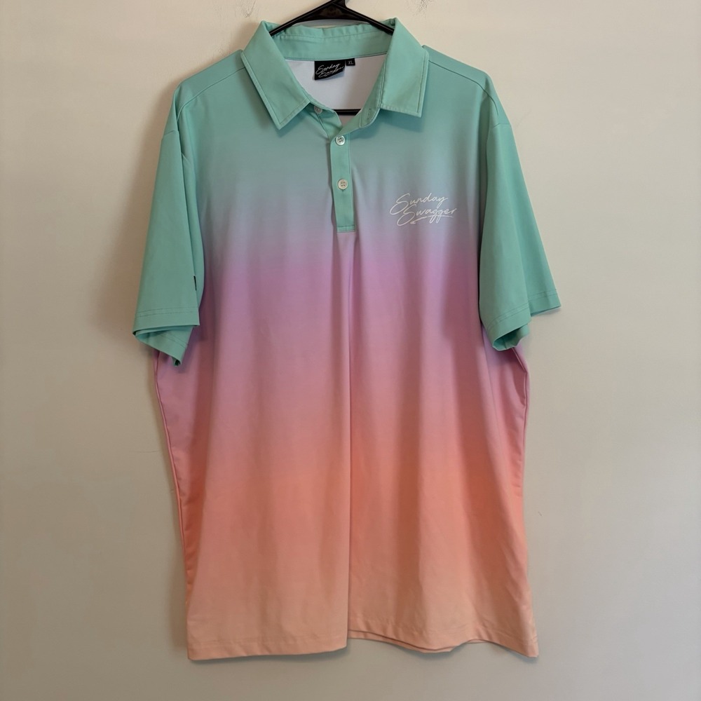 EUC Sunday Swagger Men's Performance Pastel Ombre Stripe Golf Polo Shirt XL